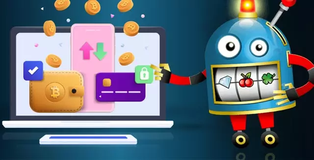 Robot slot machine next to a laptop screen displaying cryptocurrency wallets, credit cards, and coins, representing online crypto transactions and deposits.